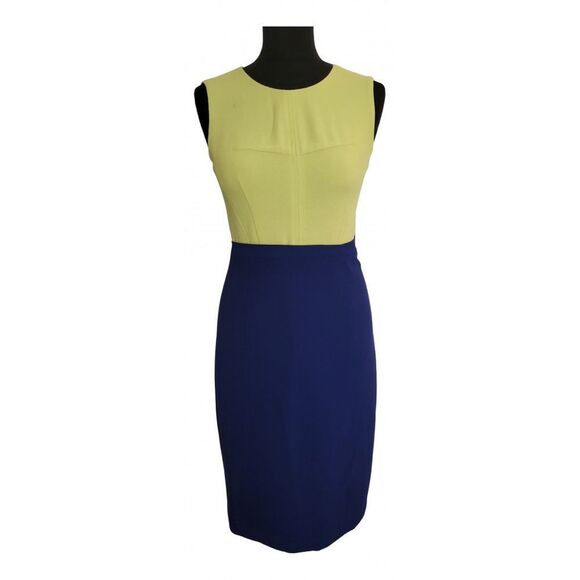 BCBGMAXAZRIA size 2 Blaire Color-Block Sheath Dress Navy Blue Neon Yellow Green - Picture 6 of 10